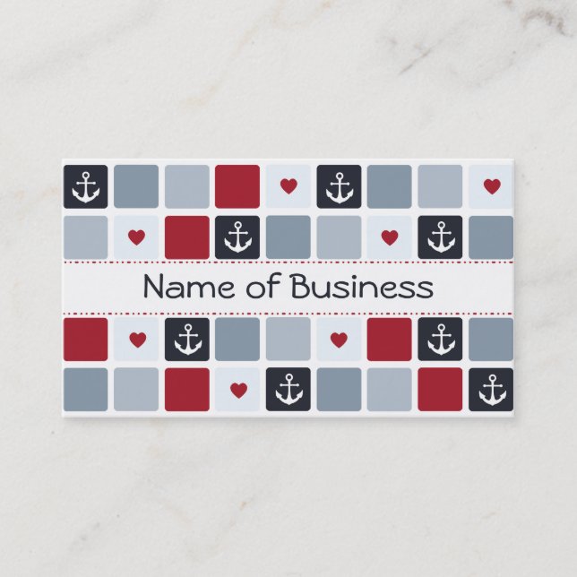 Retro Mod Navy and Red Anchors Girly Hearts Business Card (Front)