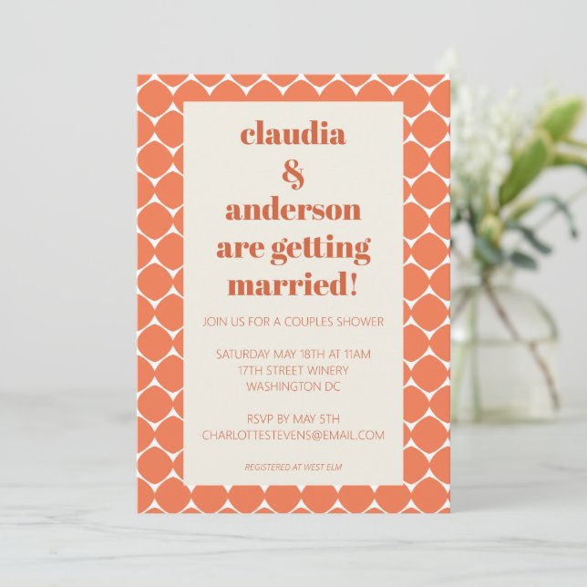 Retro Mod Orange Geometric Shapes Couples Shower Invitation (Standing Front)