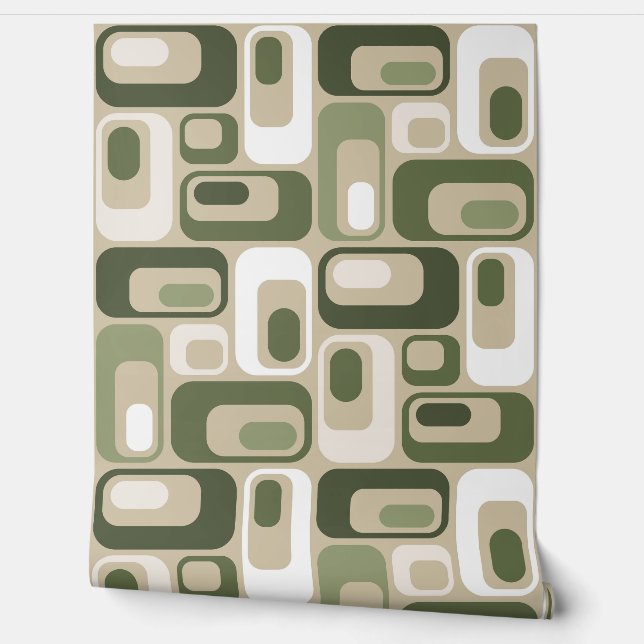 Retro Mod Ovals Beige Green  Wallpaper (Unrolling)
