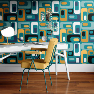 Retro Mod Ovals Mustard Teal Aqua Blue Black Wallpaper