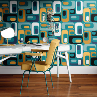Retro Mod Ovals Mustard Teal Aqua Blue Black Wallpaper