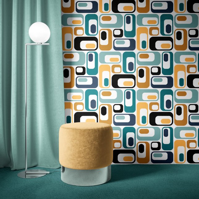 Retro Mod Ovals Mustard Teal Aqua Blue White Wallpaper (Creator Uploaded)