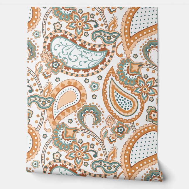 Retro Mod Paisley Teal Sage Peach Rust Orange  Wallpaper (Unrolling)
