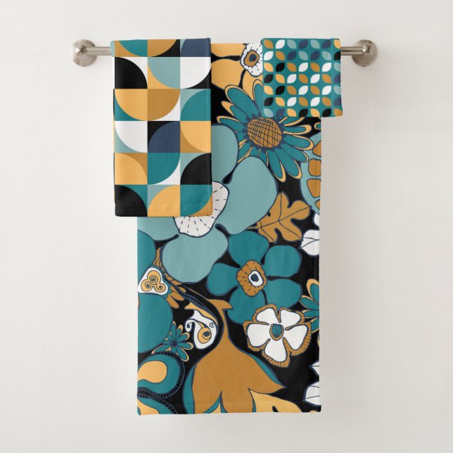 Retro Mod Patterns Aqua Teal Mustard Black White Bath Towel Set (Insitu)