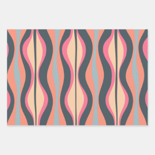 Retro Mod Patterns Pink Apricot Blue Wrapping Paper Sheet