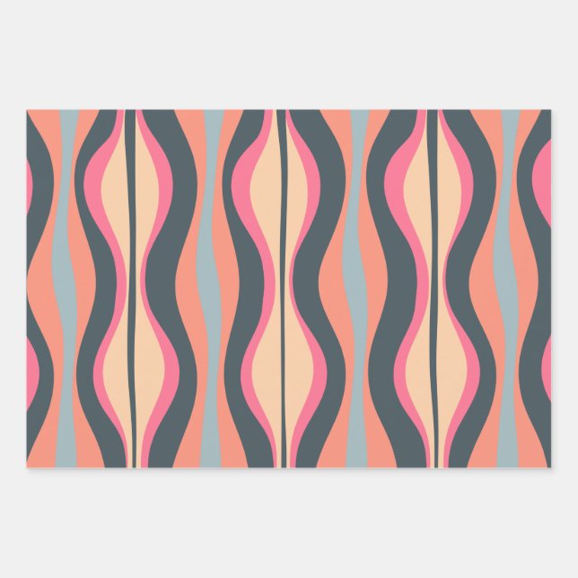 Retro Mod Patterns Pink Apricot Blue Wrapping Paper Sheet (Front)