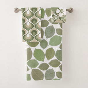 Retro Mod Patterns Sage Olive Green Beige Bath Towel Set