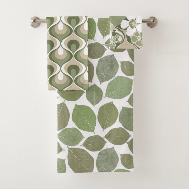 Retro Mod Patterns Sage Olive Green Beige Bath Towel Set (Insitu)