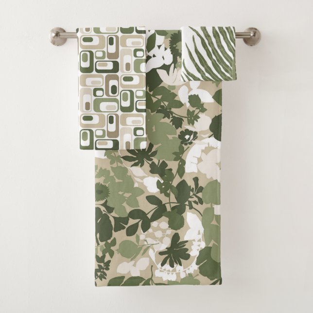 Retro Mod Patterns Sage Olive Green Beige  Bath Towel Set (Insitu)