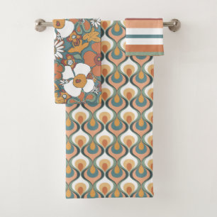 Retro Mod Patterns Sage Teal Terracotta Orange Bath Towel Set