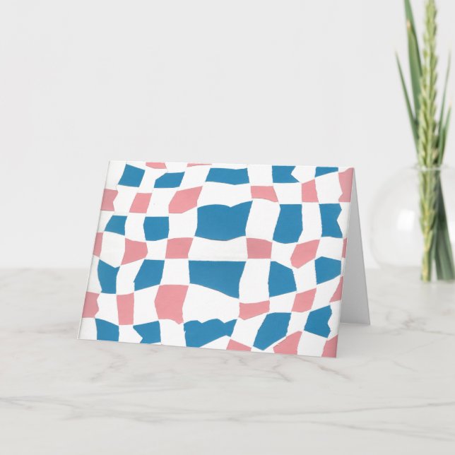 Retro Mod Pink Blue Chequerboard Abstract Card (Front)