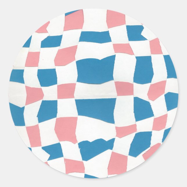 Retro Mod Pink Blue Chequerboard Abstract Classic Round Sticker (Front)