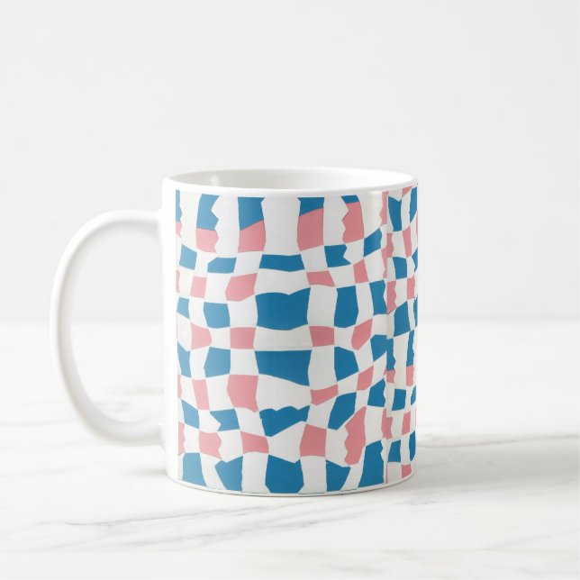 Retro Mod Pink Blue Chequerboard Abstract Coffee Mug (Left)