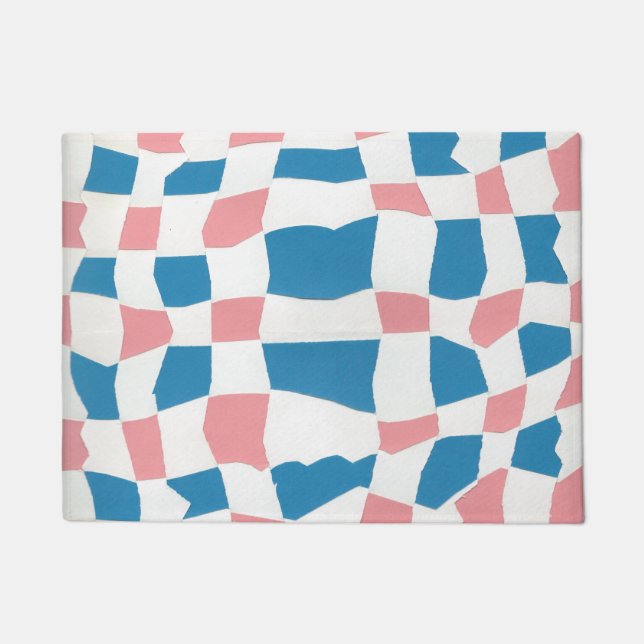 Retro Mod Pink Blue Chequerboard Abstract Doormat (Front)