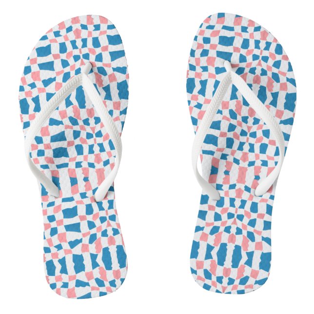 Retro Mod Pink Blue Chequerboard Abstract Flip Flops (Footbed)