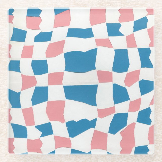 Retro Mod Pink Blue Chequerboard Abstract Glass Coaster (Front)