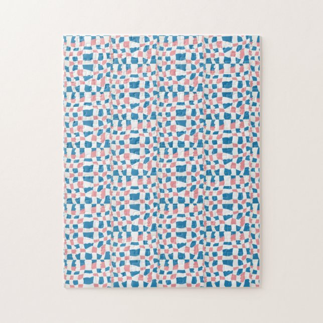 Retro Mod Pink Blue Chequerboard Abstract Jigsaw Puzzle (Vertical)