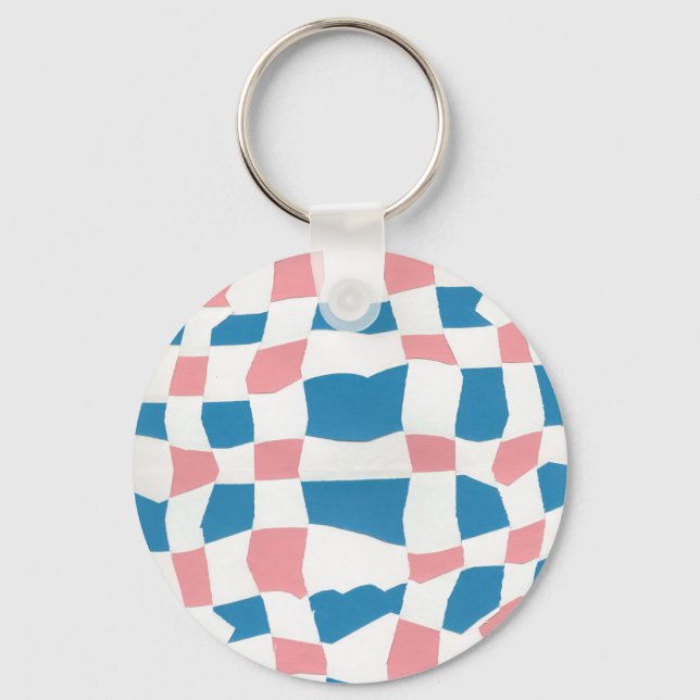 Retro Mod Pink Blue Chequerboard Abstract Key Ring (Front)