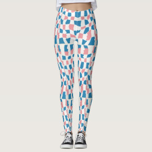 Retro Mod Pink Blue Chequerboard Abstract Leggings