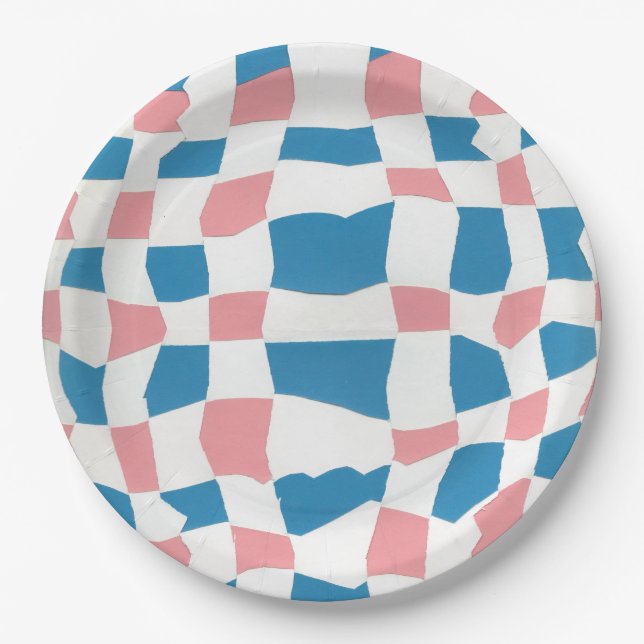 Retro Mod Pink Blue Chequerboard Abstract Paper Plate (Front)