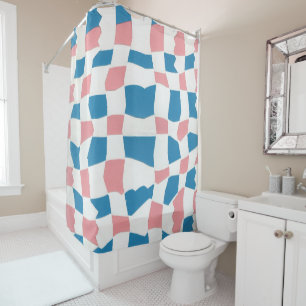 Retro Mod Pink Blue Chequerboard Abstract Shower Curtain