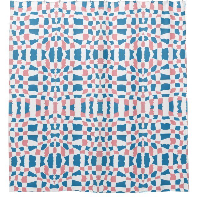 Retro Mod Pink Blue Chequerboard Abstract Shower Curtain (Front)