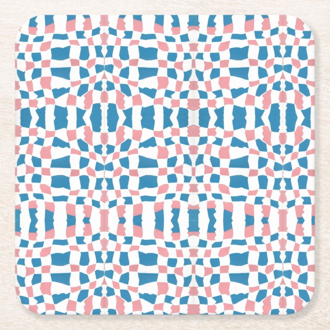 Retro Mod Pink Blue Chequerboard Abstract Square Paper Coaster (Front)