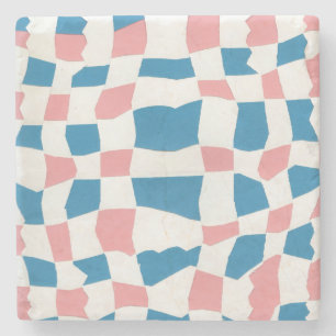 Retro Mod Pink Blue Chequerboard Abstract Stone Coaster
