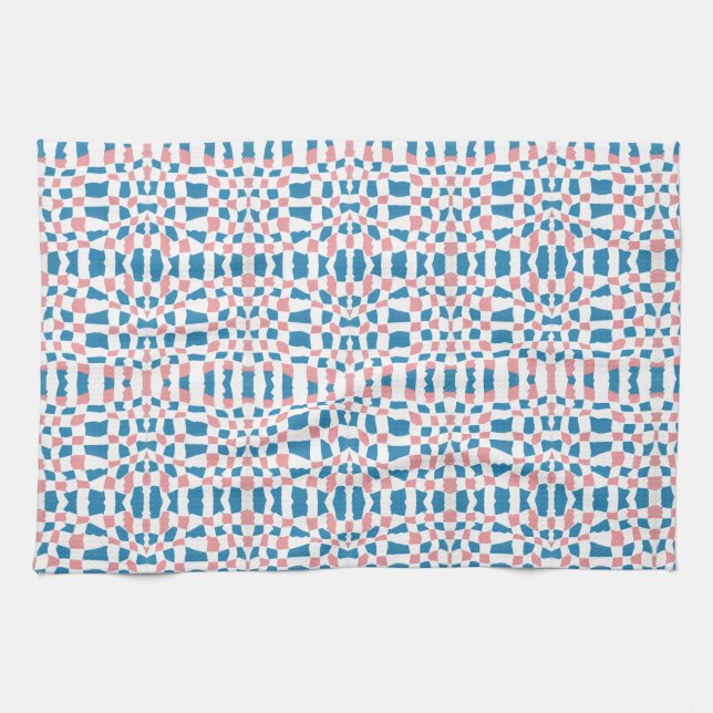Retro Mod Pink Blue Chequerboard Abstract Tea Towel (Horizontal)