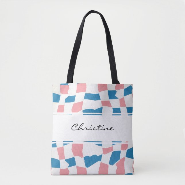 Retro Mod Pink Blue Chequerboard Abstract Tote Bag (Front)