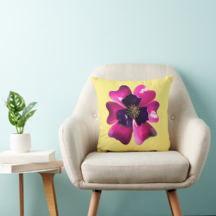 Retro MOD Purple Pansy Flower on Butter Yellow Cushion