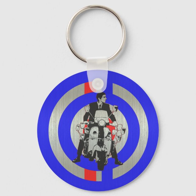 Retro Mod scooter rider metallic Key Ring (Front)
