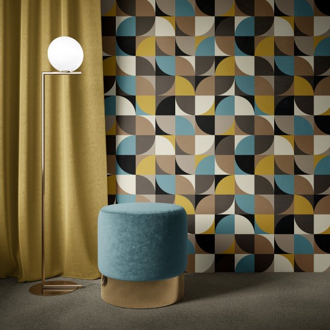 Retro Mod Squares Blue Brown Mustard Beige Black Wallpaper (Creator Uploaded)
