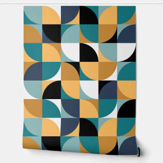 Retro Mod Squares Mustard Teal Aqua Blue Black Wallpaper