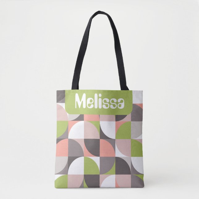 Retro Mod Squares Pink Green Name Personalized Tote Bag (Front)