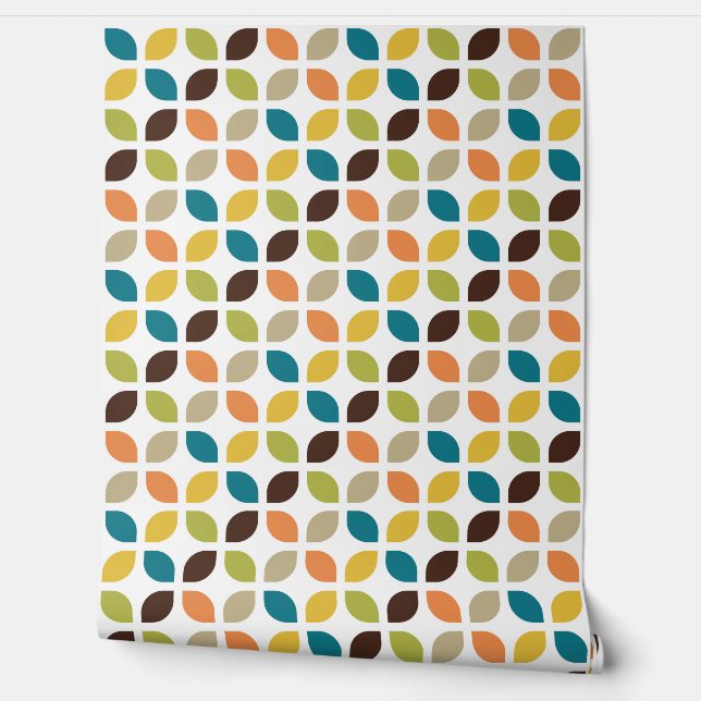 Retro Mod Trellis Teal Orange Green Yellow Brown Wallpaper (Unrolling)