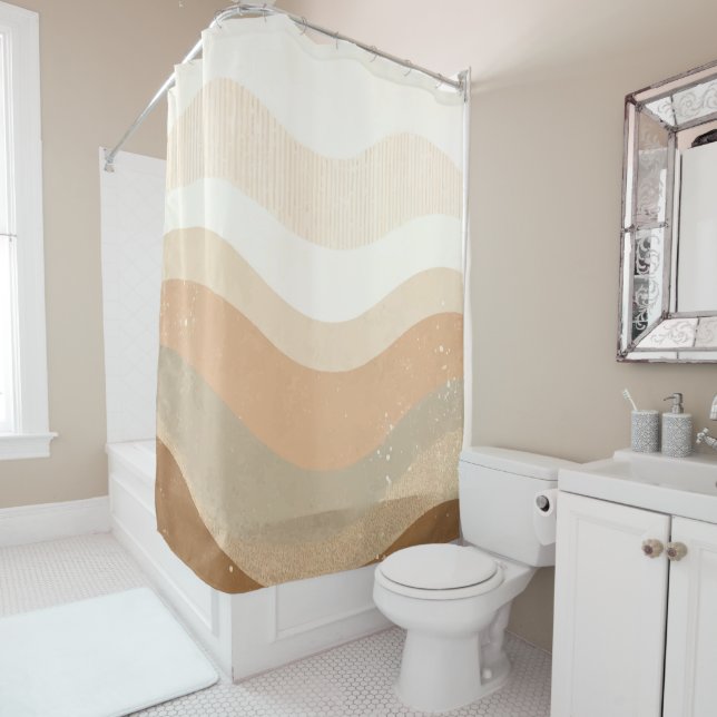 Retro Mod Waves Earthy Neutral Design Shower Curtain (In Situ)