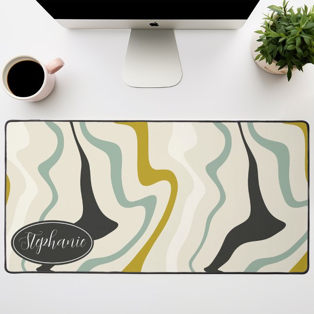 Retro Modern Abstract Mint Black Gold Marble Swirl Desk Mat (Creator Uploaded)