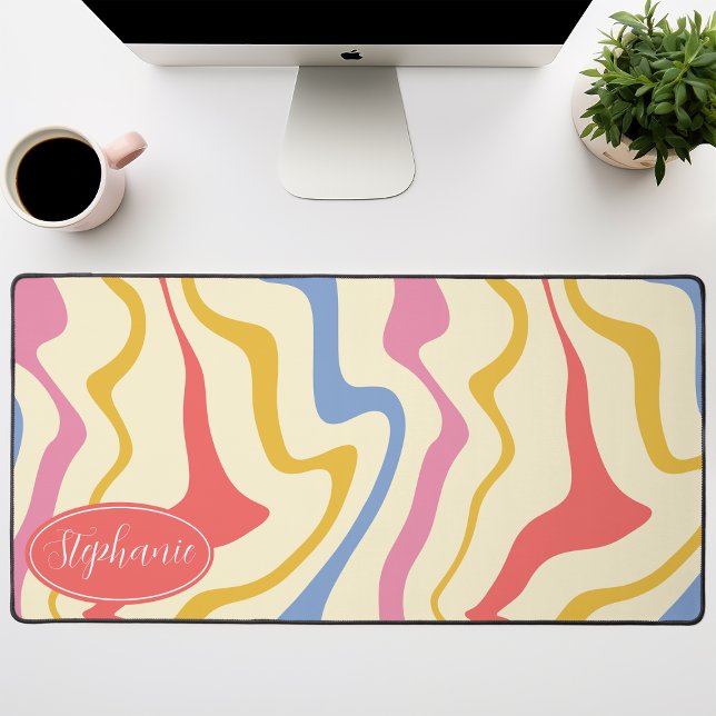 Retro Modern Abstract Pink Yellow Marble Swirl Desk Mat (Creator Uploaded)