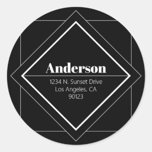Retro-Modern Art Deco   Black & White Address  Classic Round Sticker