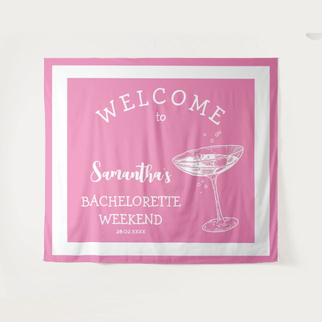 Retro Modern Bachelorette Party Pink Cocktail Tapestry (Front (Horizontal))