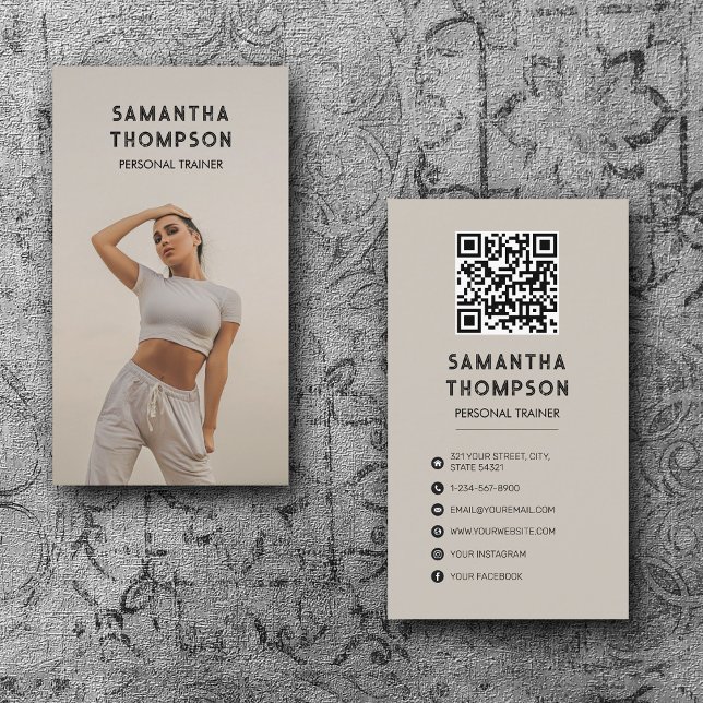 Retro Modern Beige Personal Trainer Fitness Photo  Business Card (Creator Uploaded)