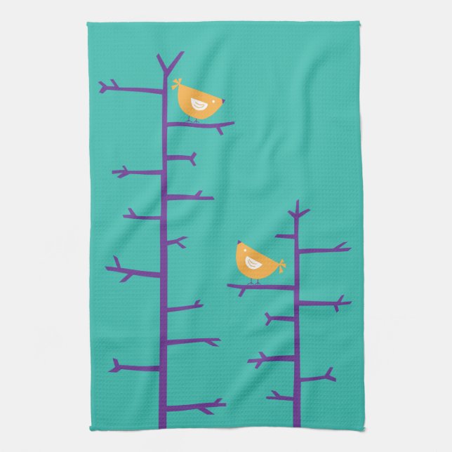 Retro Modern Birds on Tree Branches Tea Towel (Vertical)