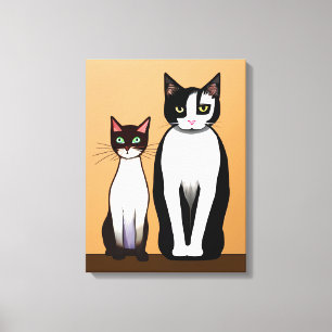 Retro Modern Black and White Cat and Kitten Canvas Print