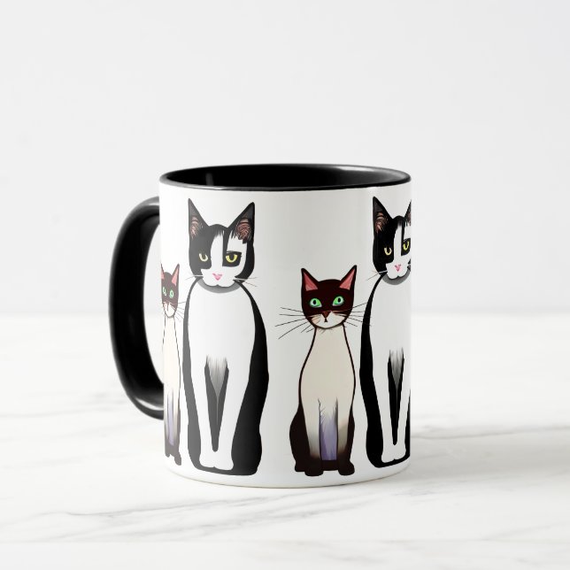Retro Modern Black and White Cat and Kitten Mug (Front Left)
