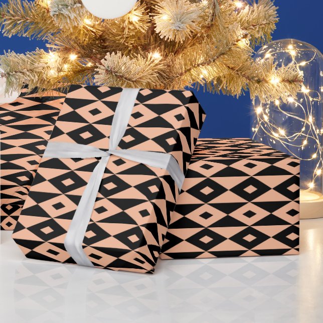 Retro Modern Black Peach Diamond Shape Pattern Wrapping Paper (Holidays)