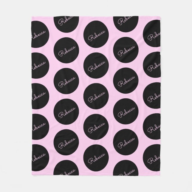 Retro-modern Black & Pink Polka Dot Design Fleece Blanket (Front)