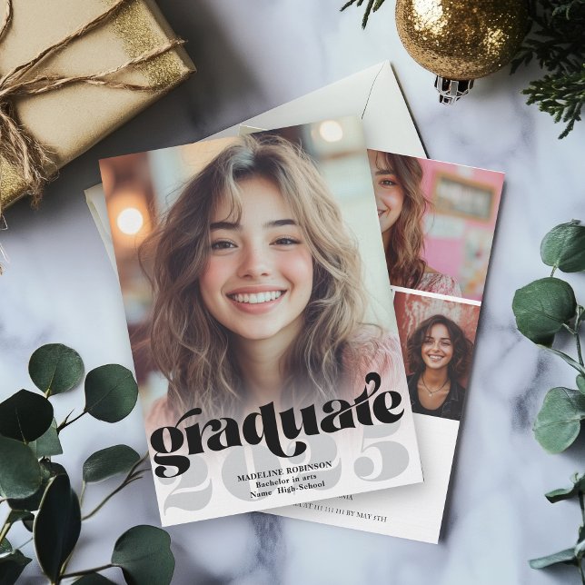 Retro Modern Black White 4 Photo Graduation Invitation (Retro Modern Black White 4 Photo Graduation Invitation)