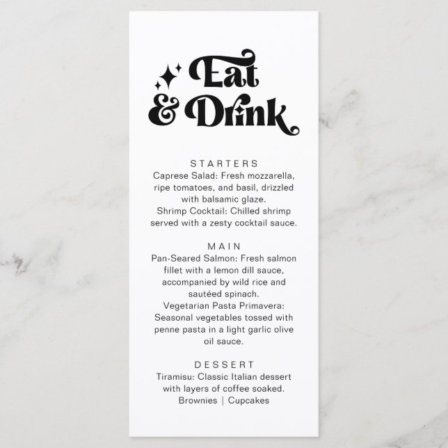 Retro Modern Black White Eat and Drink Wedding Menu (Front)