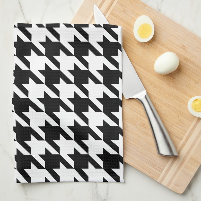 Retro Modern Black White Hounds-tooth Weaving Tea Towel (Quarter Fold)